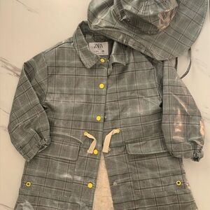 Zara Gray Plaid Rain Coat and Hat Set with Yellow Accents